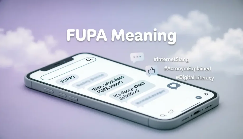 Illustration explaining the meaning of FUPA in social media and online conversations with chat bubbles and online icons