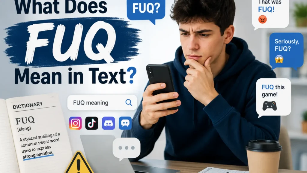 What does FUQ mean in text, showing a person researching the slang term on a smartphone with chat bubbles and a dictionary style explanation.