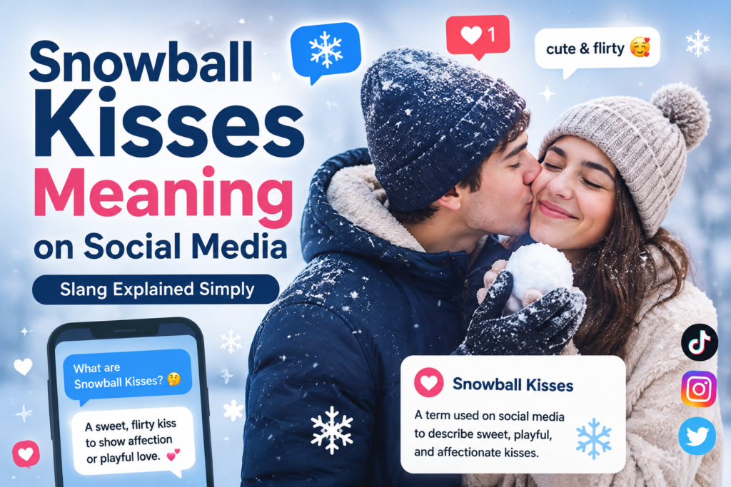 A smiling couple in winter clothing shares a playful kiss while holding a snowball, with social media icons, chat bubbles, and the title "Snowball Kisses Meaning on Social Media" explaining the slang term.