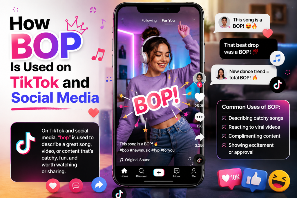 A modern illustration showing how the slang term "bop" is used on TikTok and social media to describe catchy songs, viral videos, and popular online content.