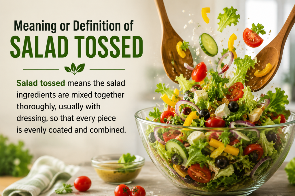 Infographic explaining the meaning of salad tossed with a glass bowl of fresh mixed salad, lettuce, tomatoes, cucumbers, olives, onions, and dressing being tossed together.