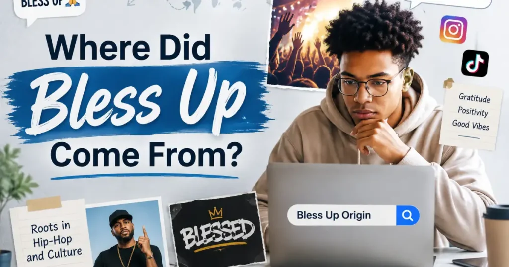 Where Did Bless Up Come From? A young person researching the origin of the phrase Bless Up, with hip hop, social media, and cultural references in the background.