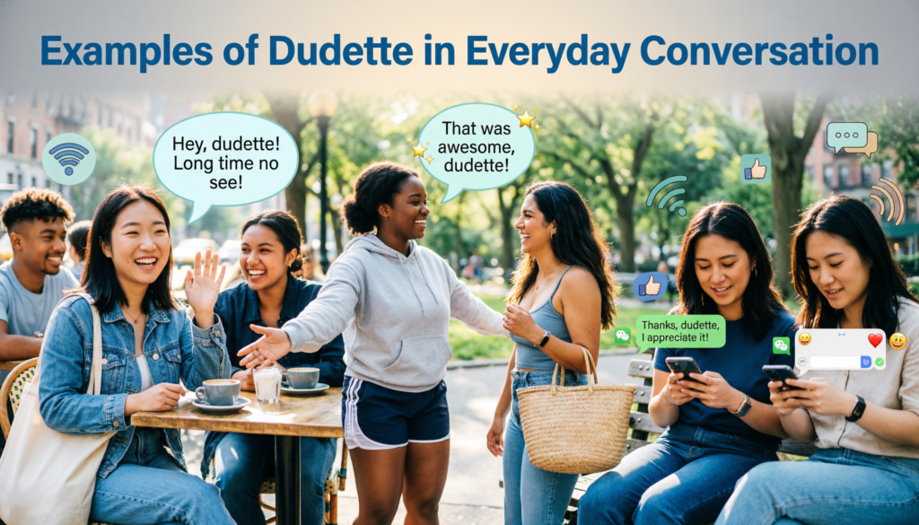 A modern illustration of young adults using the word "Dudette" in friendly everyday conversations at a café, park, and through text messages with speech bubbles and social media elements.