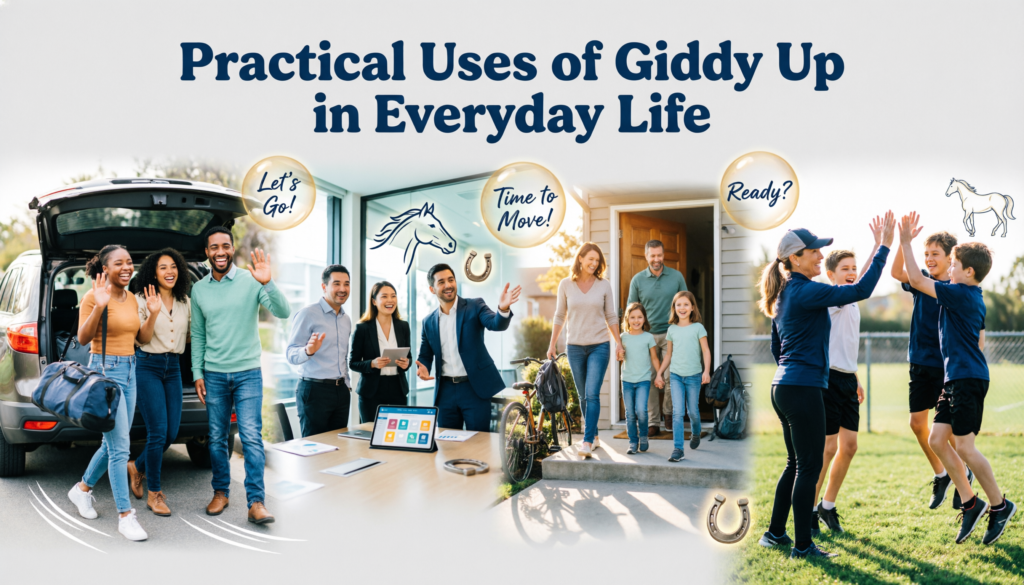 Friends, coworkers, and family members using the phrase giddy up while heading out, starting work, and preparing for everyday activities.