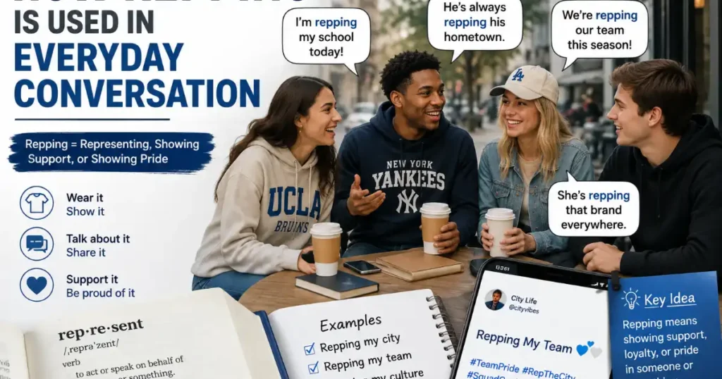 How repping is used in everyday conversation to show support, pride, or representation of a team, school, hometown, or brand