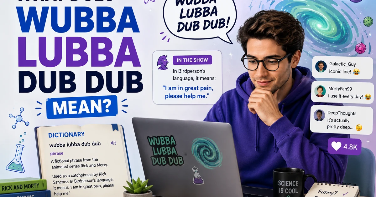 Young adult researching the meaning of Wubba Lubba Dub Dub on a laptop and smartphone with a dictionary page and social media comments