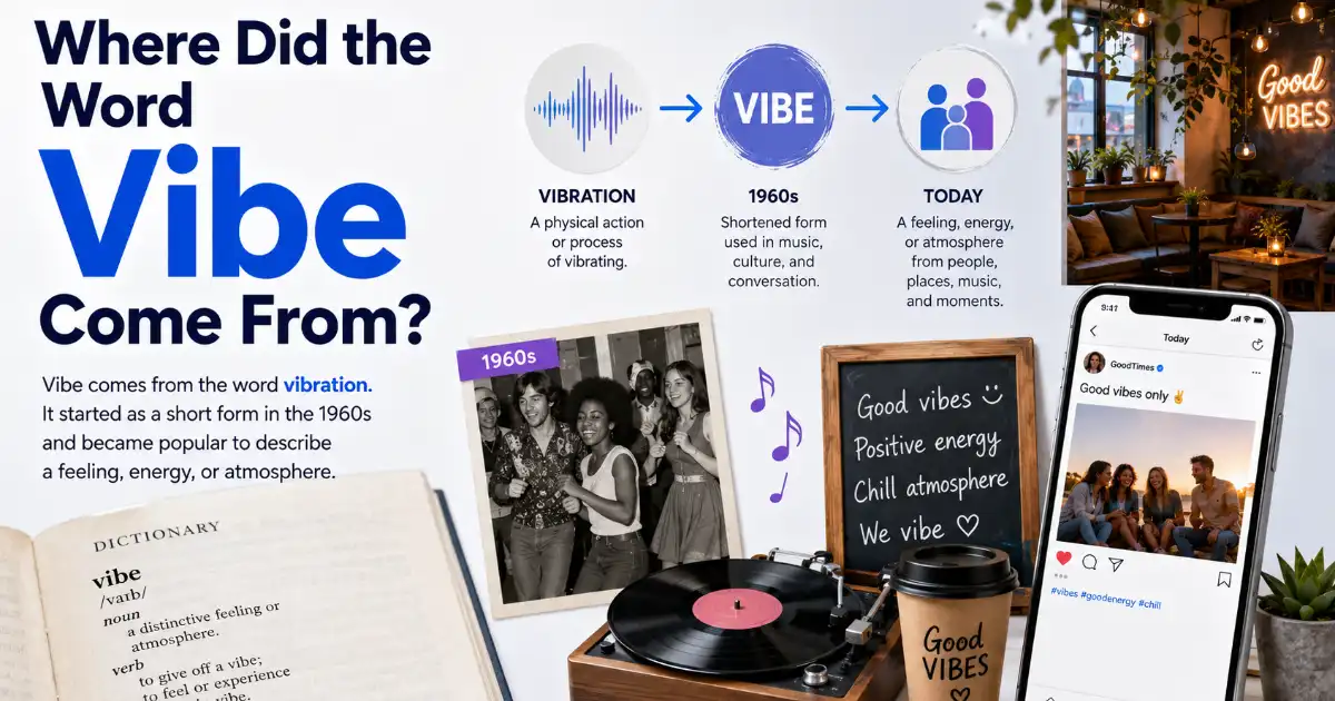 Where the word vibe came from, showing its origin from vibration and its evolution into modern everyday slang