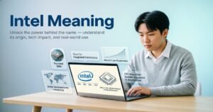 Intel Meaning explained with a modern professional workspace, laptop visuals