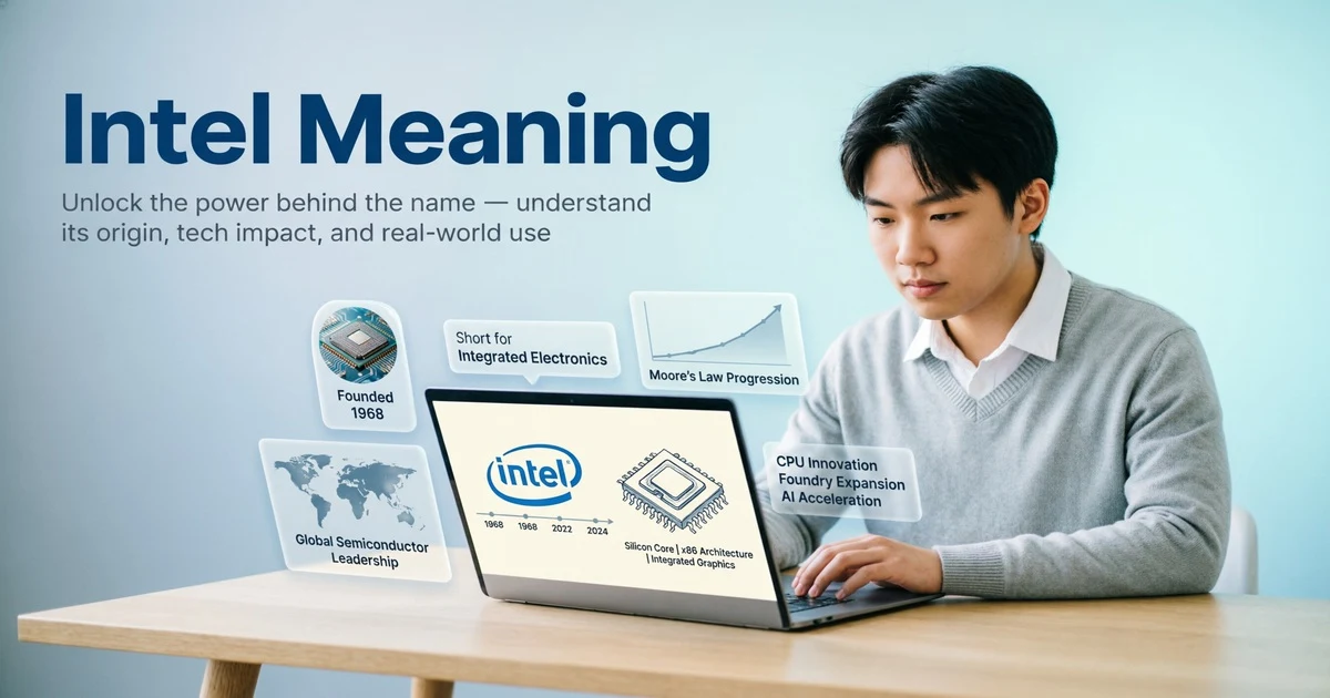 Intel Meaning explained with a modern professional workspace, laptop visuals