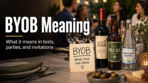 BYOB meaning explained with drinks, invitation card, and casual party table scene.