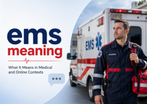 Featured image explaining ems meaning with a paramedic, ambulance, and chat icon to show its medical and online context.
