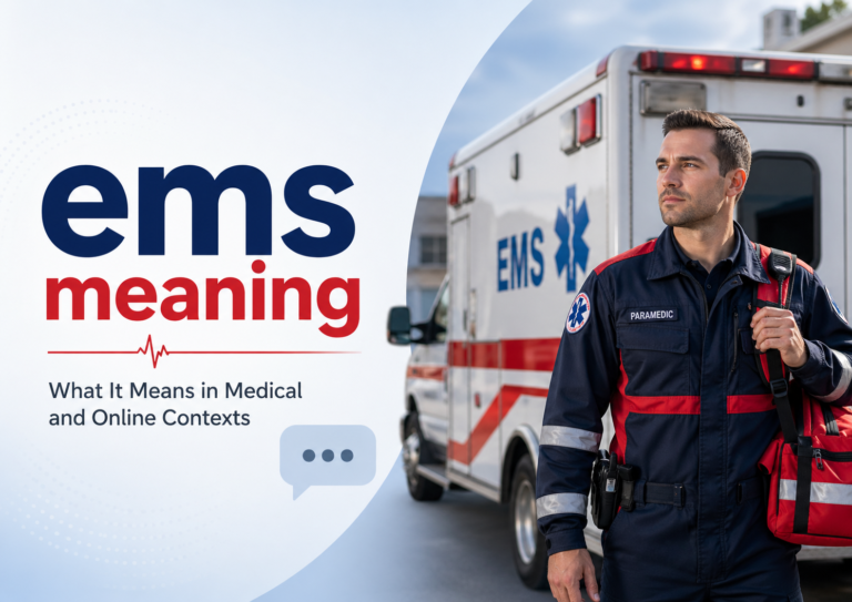Featured image explaining ems meaning with a paramedic, ambulance, and chat icon to show its medical and online context.