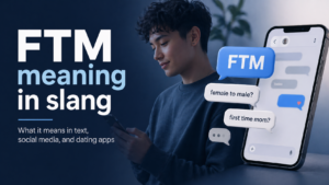 FTM meaning in slang blog banner with person using phone, chat bubbles, and social media and dating app context