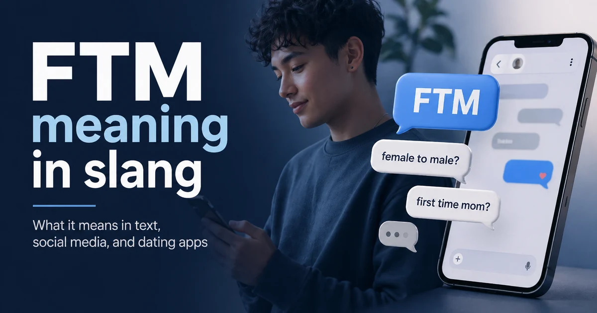 FTM meaning in slang blog banner with person using phone, chat bubbles, and social media and dating app context