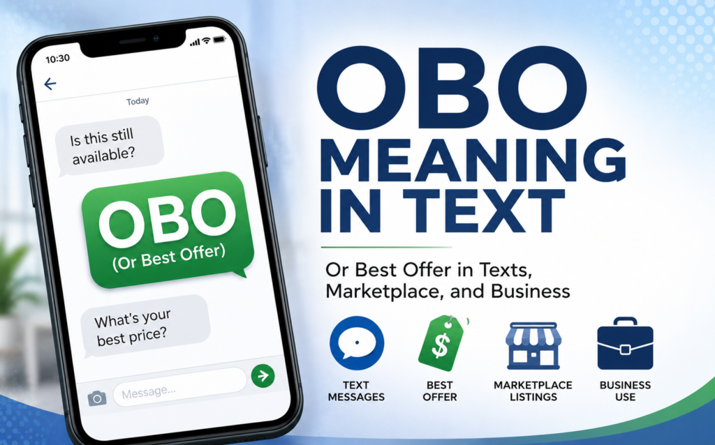 OBO meaning in text explained with phone chat, best offer tag, marketplace icon, and business use symbols.