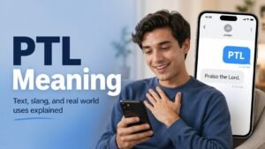 PTL meaning featured image showing a young man reading a phone message with PTL explained as Praise the Lord.