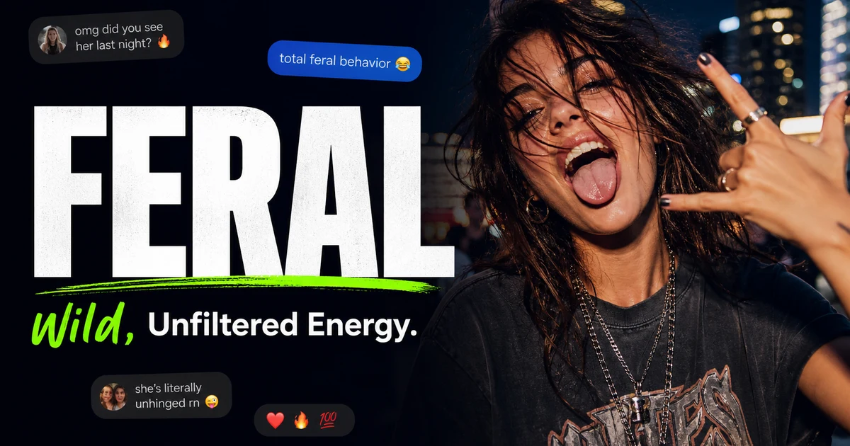 Feral slang meaning shown with bold text, social media reactions, and wild unfiltered energy at night.