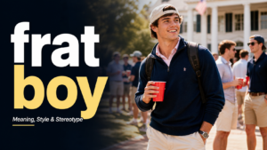 Frat boy meaning guide image showing a confident college style young man with casual frat boy style and social campus vibe.