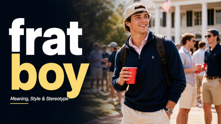 Frat boy meaning guide image showing a confident college style young man with casual frat boy style and social campus vibe.