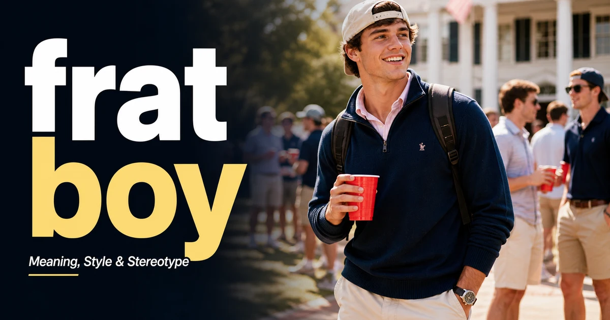 Frat boy meaning guide image showing a confident college style young man with casual frat boy style and social campus vibe.