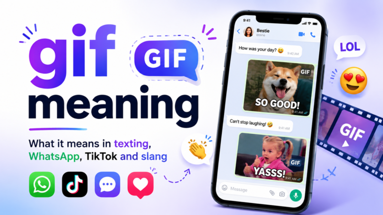 Gif meaning explained with chat reactions, funny animated messages, WhatsApp style texting, TikTok style social icons, and emoji reactions