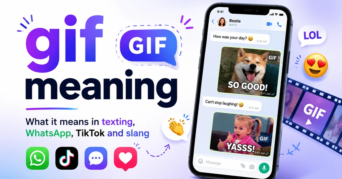 Gif meaning explained with chat reactions, funny animated messages, WhatsApp style texting, TikTok style social icons, and emoji reactions