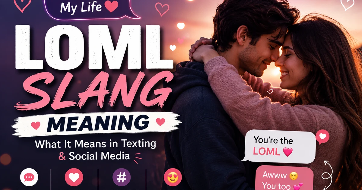 Romantic couple with chat messages explaining LOML slang meaning in texting and social media conversations