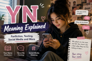YN meaning explained with a girl using a phone, showing fanfiction, texting, and social media slang context.