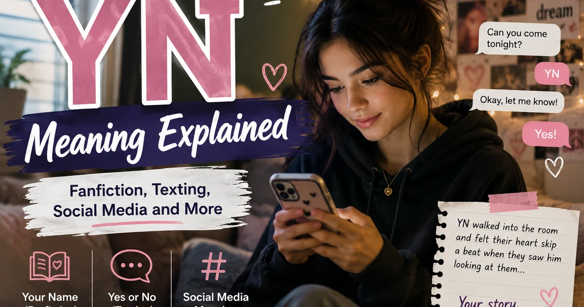 YN meaning explained with a girl using a phone, showing fanfiction, texting, and social media slang context.