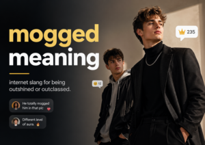 Mogged meaning blog image showing one stylish person outshining another with social media reactions and slang explanation text.