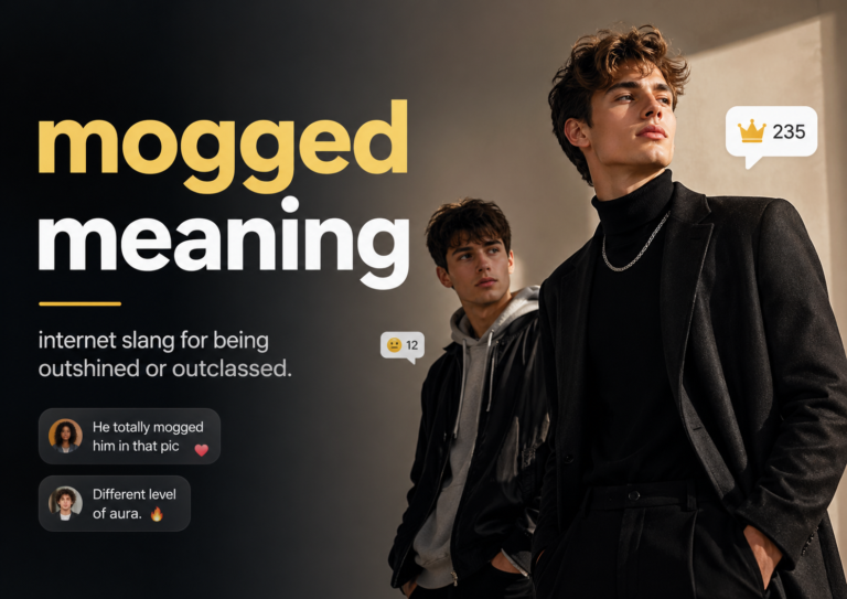 Mogged meaning blog image showing one stylish person outshining another with social media reactions and slang explanation text.