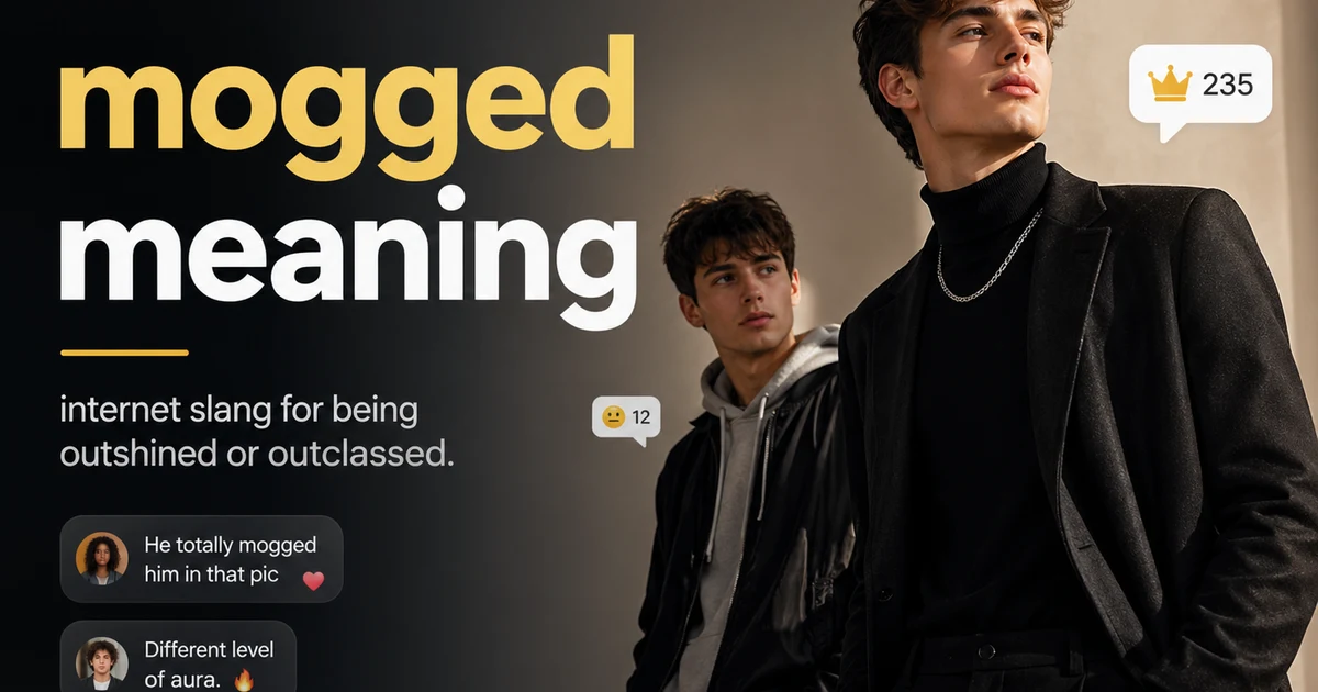 Mogged meaning blog image showing one stylish person outshining another with social media reactions and slang explanation text.