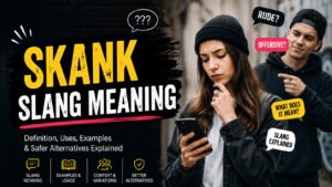 Skank slang meaning image with a woman checking her phone and a man pointing at her.
