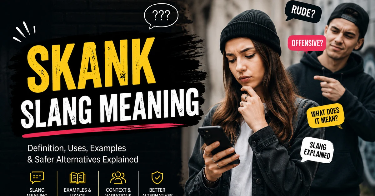 Skank slang meaning image with a woman checking her phone and a man pointing at her.