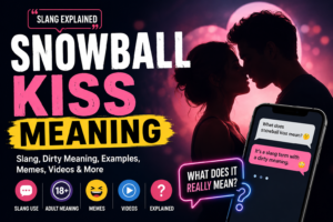 Snowball kiss meaning explained with a bold slang themed blog header showing a couple silhouette, phone chat, and online meaning icons.