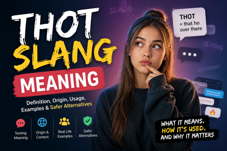 Featured image for thot slang meaning showing a thoughtful young woman with bold text about definition, origin, usage, examples, and safer alternatives.