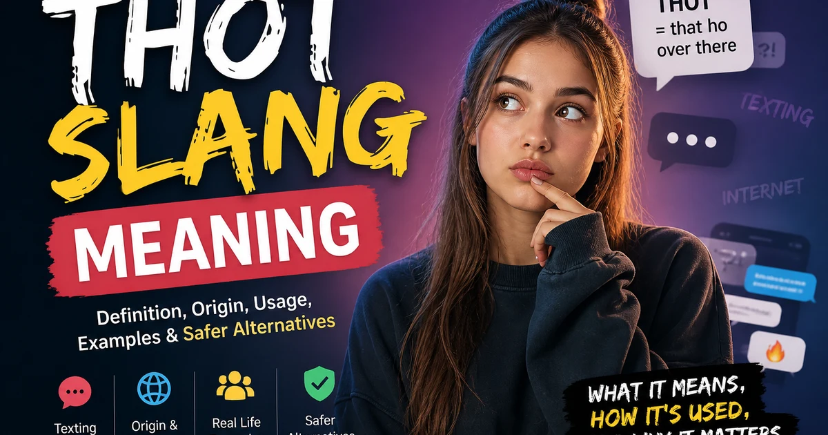 Featured image for thot slang meaning showing a thoughtful young woman with bold text about definition, origin, usage, examples, and safer alternatives.