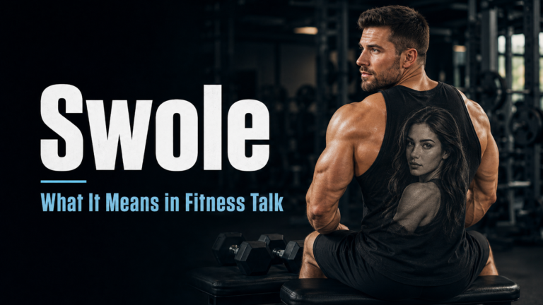 Swole meaning shown with a muscular man in a gym and bold fitness slang text