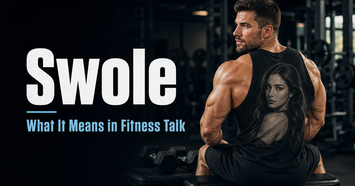 Swole meaning shown with a muscular man in a gym and bold fitness slang text