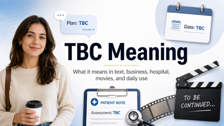 TBC meaning explained with a young reader, text message, calendar, hospital note, and movie clapperboard showing common uses.