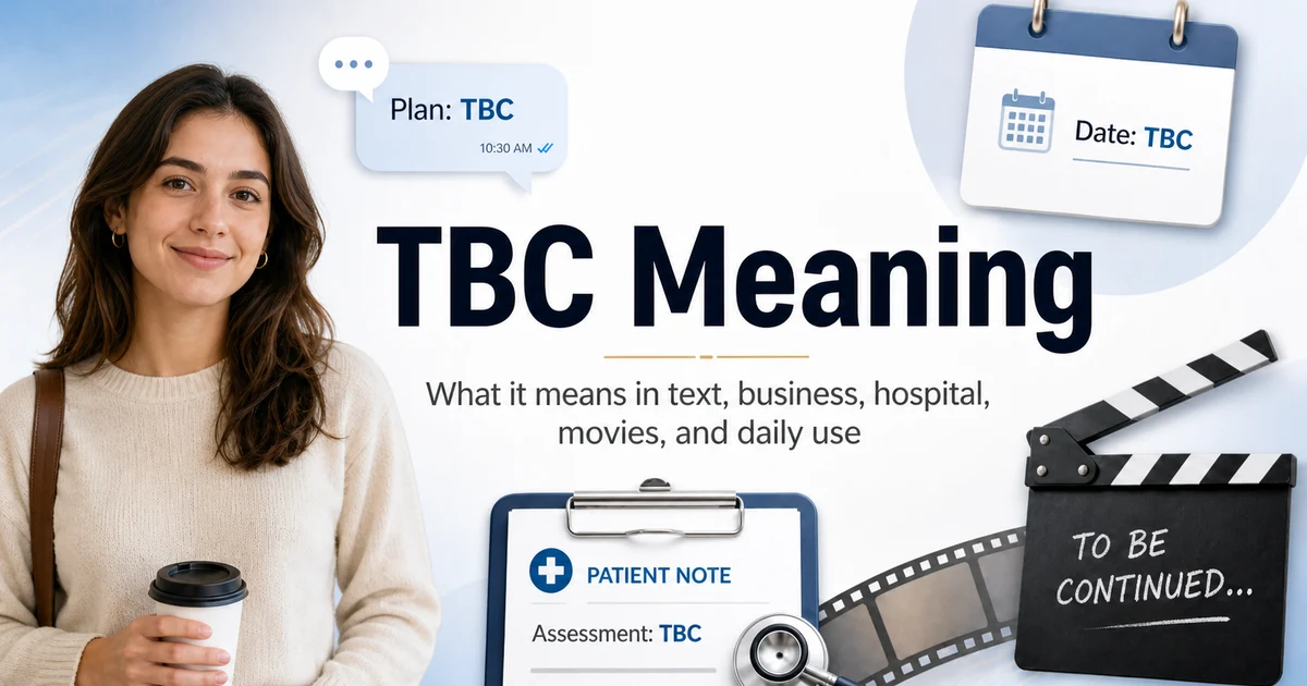 TBC meaning explained with a young reader, text message, calendar, hospital note, and movie clapperboard showing common uses.
