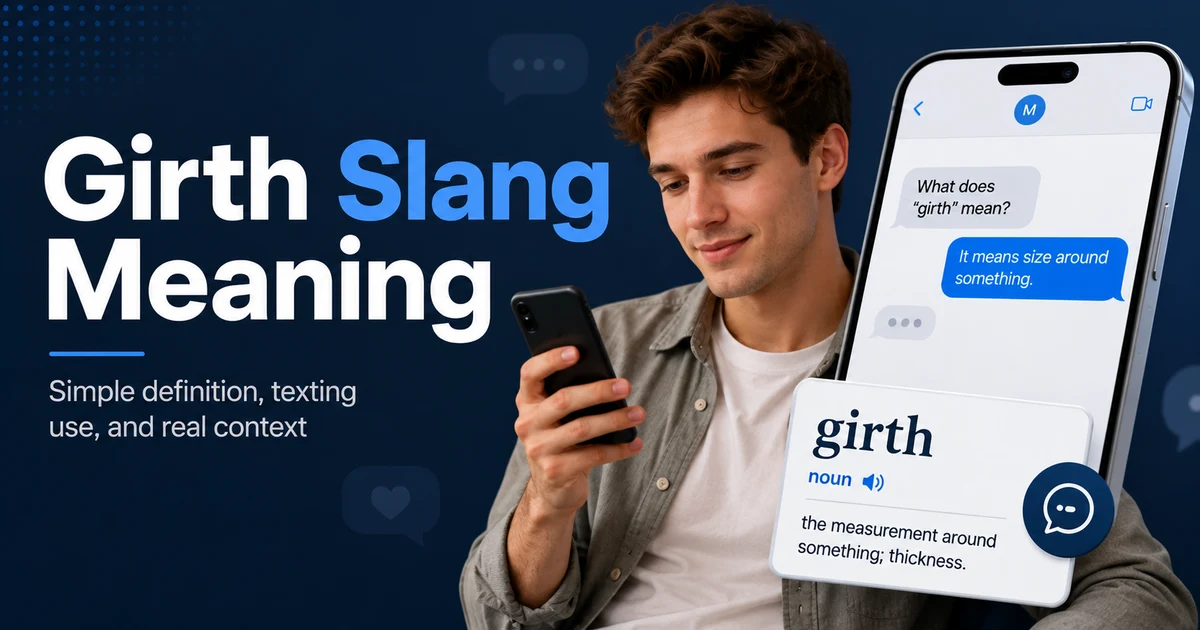 Girth slang meaning blog image showing a young man reading a text message with a clean definition card explaining girth as size around something.