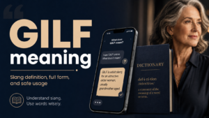 GILF meaning with a smartphone slang chat, dictionary concept, and mature older woman in a clean educational style.