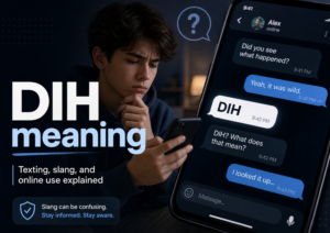 DIH meaning explained with a young person reading a phone chat and learning what the slang term means in texting.