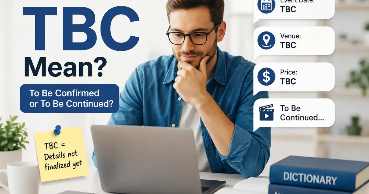 What Does TBC Mean? An infographic explaining TBC as To Be Confirmed and To Be Continued with simple examples.