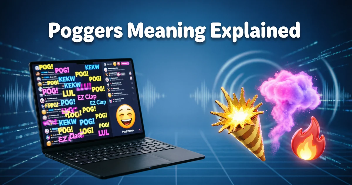 Person reacting excitedly while chatting online with the word poggers displayed on screen
