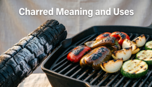 Charred wood and vegetables showing blackened surfaces caused by high heat