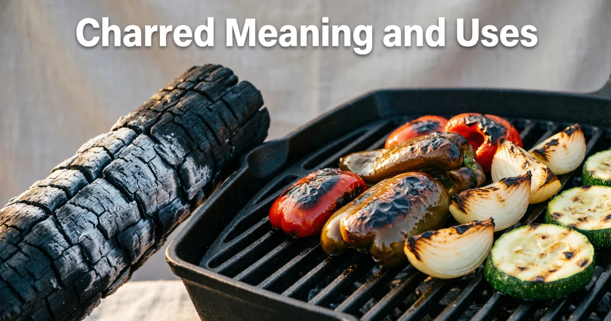 Charred wood and vegetables showing blackened surfaces caused by high heat