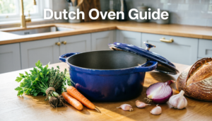 Dutch oven cookware with vegetables and bread on a kitchen countertop