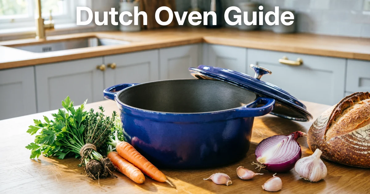 Dutch oven cookware with vegetables and bread on a kitchen countertop